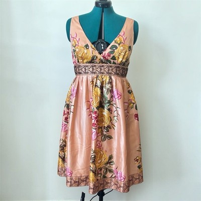 Forever Twenty One Peach Floral Satin Fit & Flare V-Neck Beaded Dress L