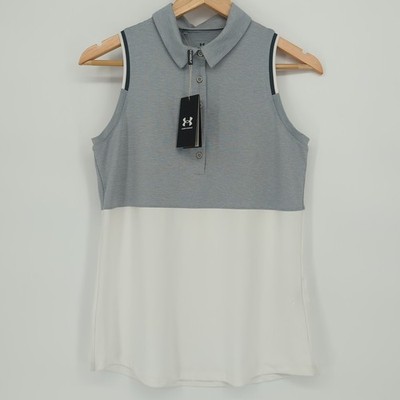 NWT Under Armour Golf Polo Shirt Womens Medium Gray White Sleeveless 1/4 Button