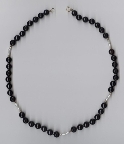 14K 31.1 Gram 18.5" Solid Yellow Gold Black Onyx & Rice Peal Strand Necklace HB - 第 1/1 張圖片