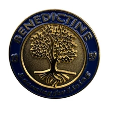 Benedictine Gold Tone Enamel Pin Blue Trim Tree Of Life Design Round Collectible