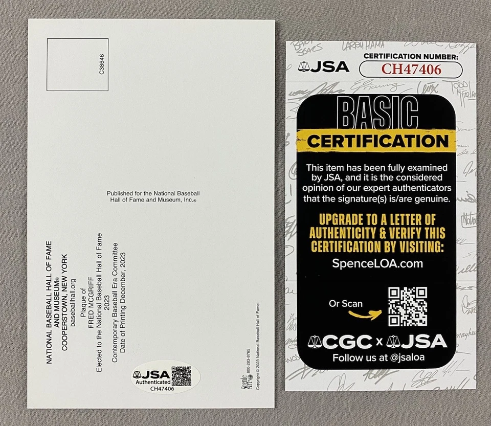 FRED McGRIFF AUTOGRAPH HALL OF FAME PLAQUE POSTCARD ATLANTA BRAVES- JSA CH47406 - Image 2 of 2