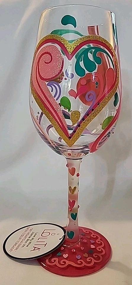 NIB Rare Lolita Love My Wine "My Hearts-a-Swirl" Glass Hand Painted W/Recipe 9"T - Image 3 of 4