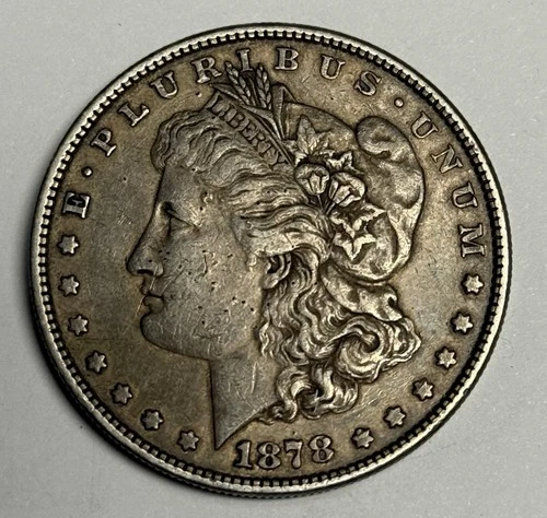 XF 1878-P 8TF Morgan Silver Dollar (toned, obverse damage), U.S. $1 Coin