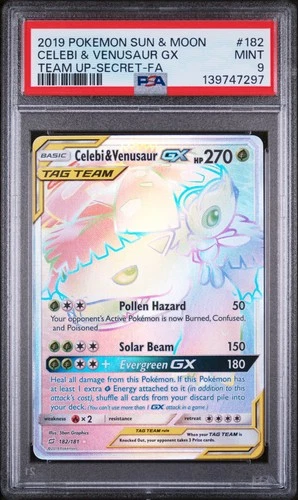 2019 POKEMON SUN & MOON TEAM UP SECRET #182 FULL ART/CELEBI & VENUSAUR GX PSA 9