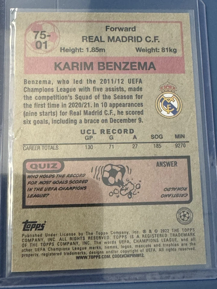 2 Cartas 2021-22 Topps UEFA 1975-76 KARIM BENZEMA Real Madrid C.F. + Cromo Dorado Foto 4 de 4