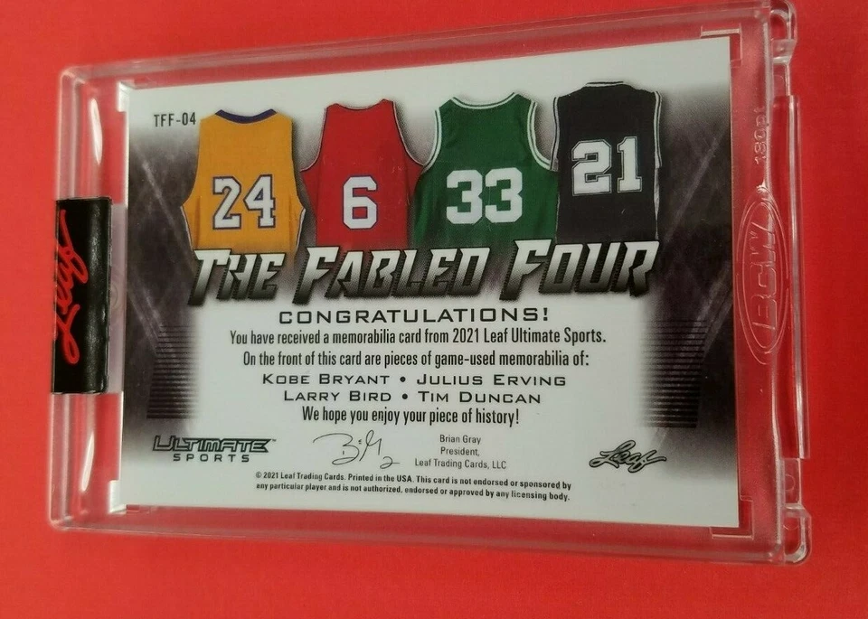 KOBE BRYANT LARRY BIRD TIM DUNCAN DR J 4 GAME USED JERSEY CARD #d10/12 ULTIMATE - Image 2 of 2