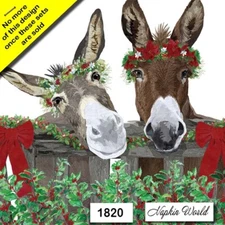 (1820) TWO Paper LUNCHEON Decoupage Art Craft Napkins - CHRISTMAS DONKEYS HOLLY