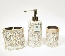 PERI 3 PC SET 3D ROSE CARVED BEIGE+WHITE RESIN SOAP DISPENSER+TUMBLER+TOOTHBRUSH