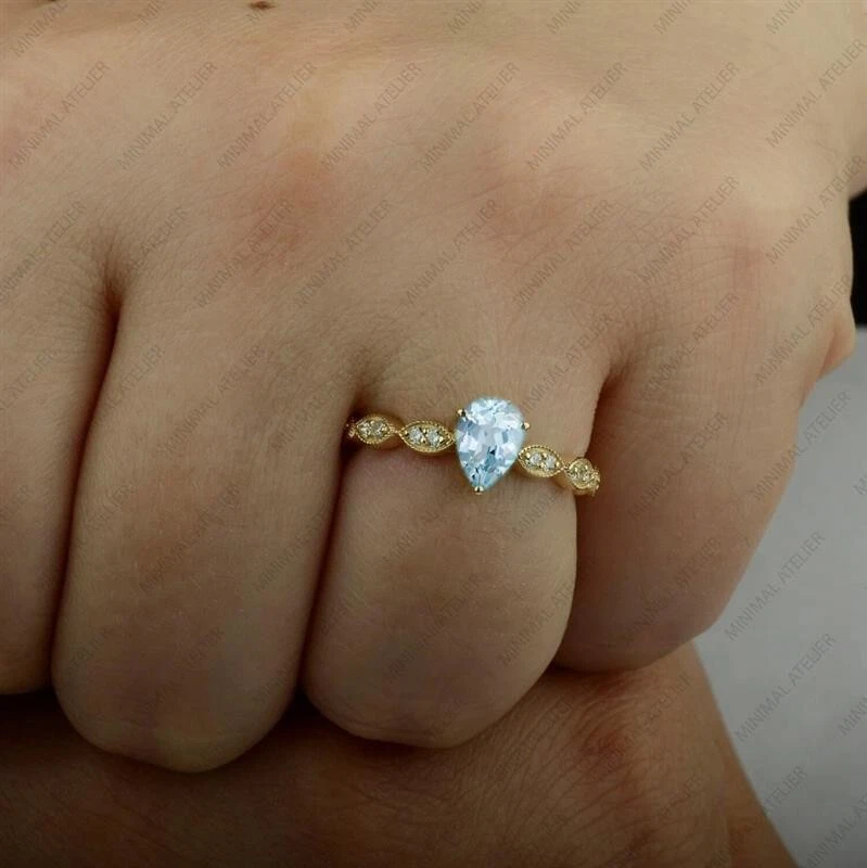 Anel de água-marinha e moissanita corte pera, prata 925 folheado a ouro presente para casamento - Imagem 3 de 4