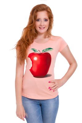 Neues kurzärmliges Damen-T-Shirt mit U-Ausschnitt Oberteil roter Apfel Bluse FB324