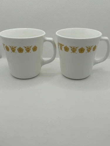 TWO (2) Pyrex Corning "Butterfly Gold" D Handle Coffee Cups Mugs