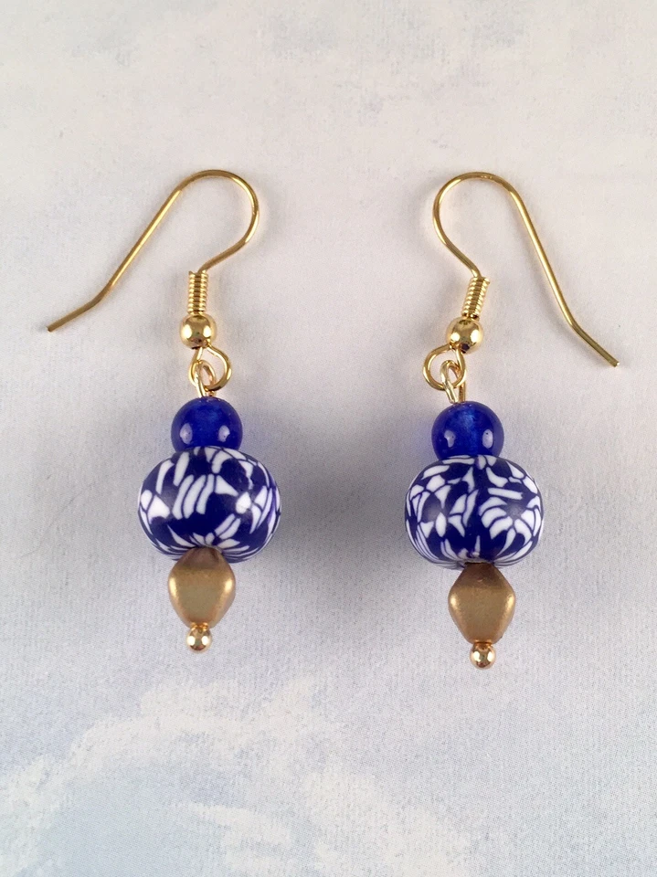 Nuevos Pendientes Redondos Oro Azul Real Blanco Trabajo Diario Joyería Informal Hechos a Mano Foto 2 de 4