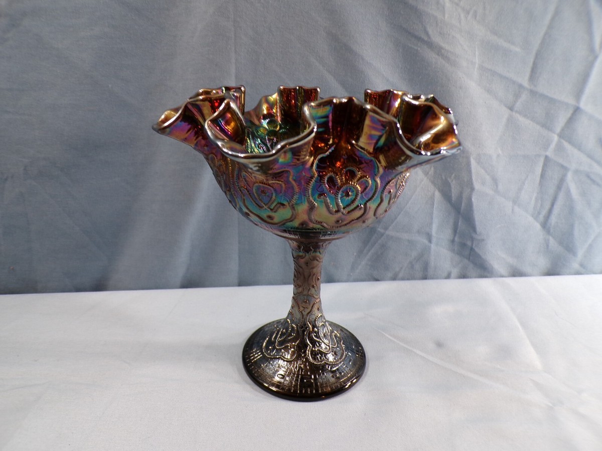 Fenton Amethyst Carnival Glass Persian Medallion Compote Footed