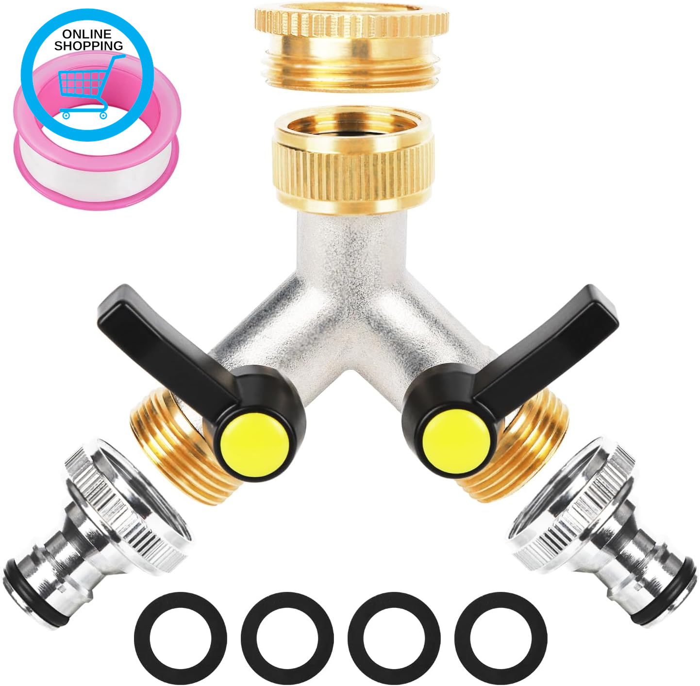 2 Way Brass Y Valve Tap Garden Hose Splitter Two Way Tap Manifold with 2 Individ