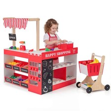 Kids Grocery Store Playset Wooden Pretend Play Supermarket w/ Shopping Cart
