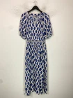 Joules White Blue Ikat Maxi Shift Dress Short Sleeve V Neck Pockets UK 16