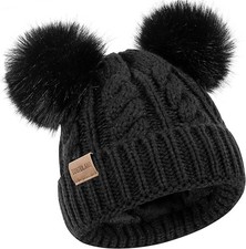 Kids Winter Beanie Children  s Warm Knitted Fleece Lined Ski Pom-Pom Black