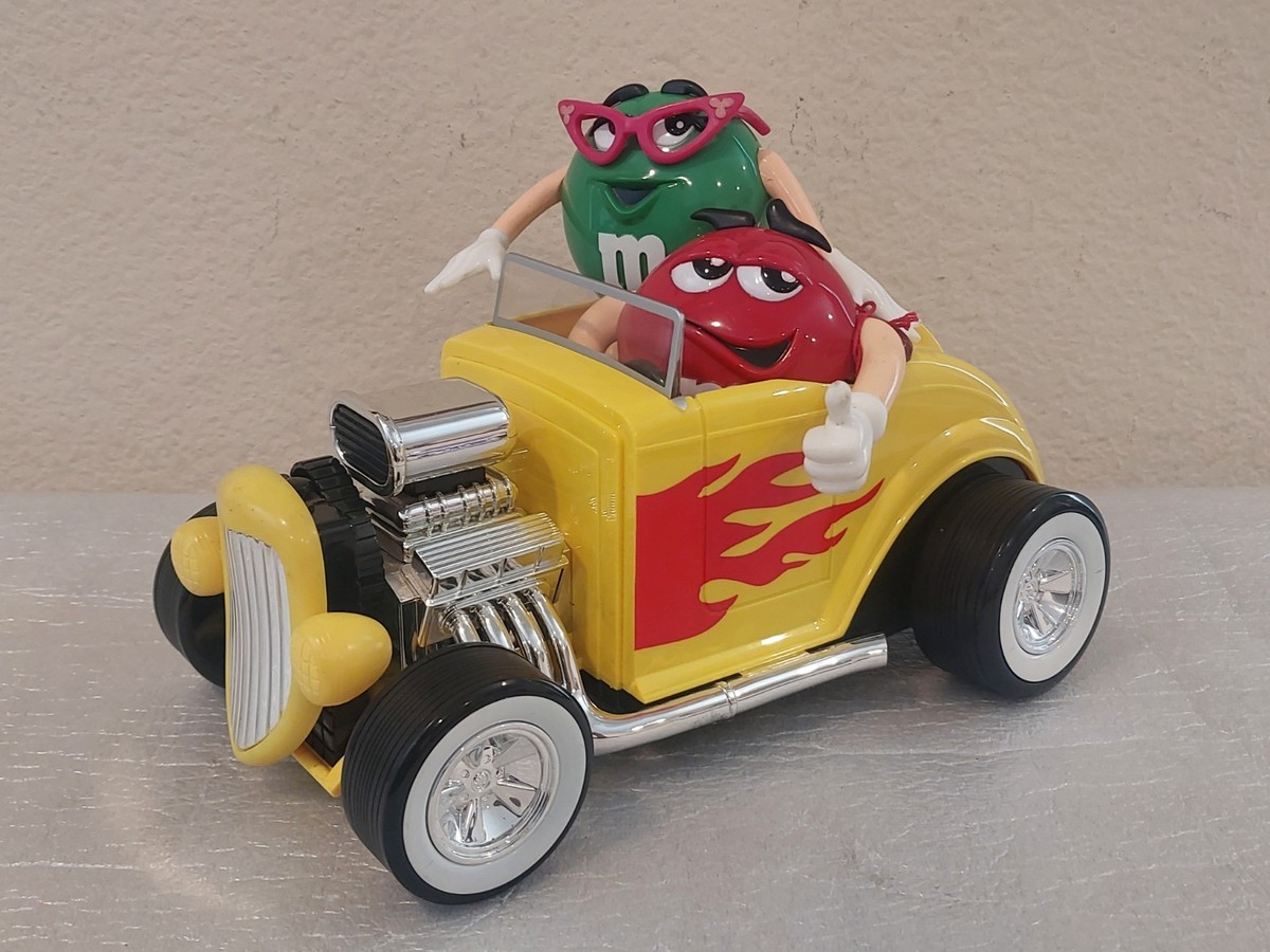 M&M's Collectible Candy Dispenser Yellow Hot Rod Car Green & Red