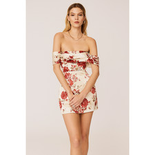 Reformation Lanelle Silk Rose Floral Off The Shoulder Dress Red Cream 12 New