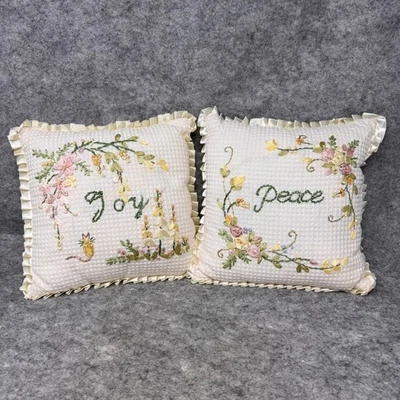 Vtg Joy + Peace Pillows Waffle Knit Floral Embroidery 9x9 Satin Trim Stitching - Image 1 of 4