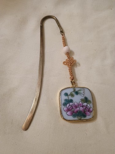 Brass Shepherd Hook Bookmark with Large Oriental Cabachon- Vintage