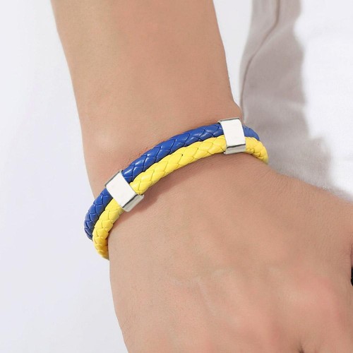 Ucraina-Bracciale tessuto a mano-Bracciale in pelle-Blu Giallo S4P8 - Foto 11 di 14