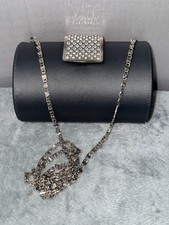 Dark Grey Satin Evening wear Clutch With Rhinestone Clasp And Silver Chain  