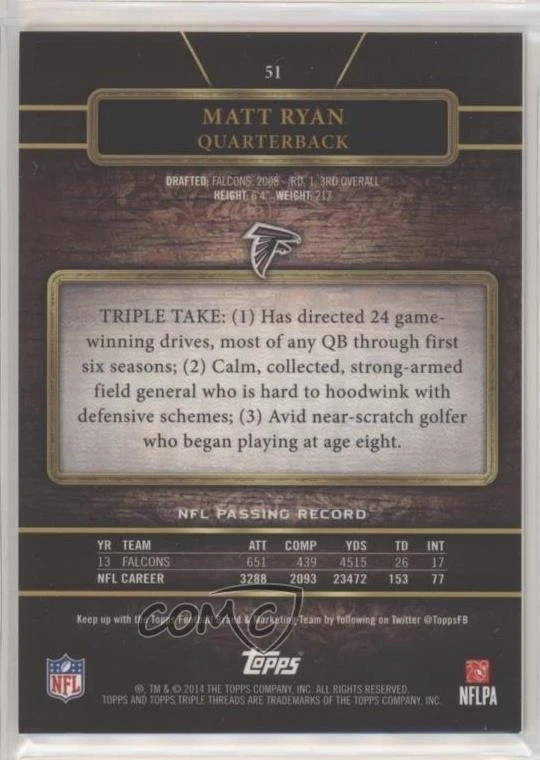2014 Topps Triple Threads Ruby /50 Matt Ryan #51 - Image 2 of 2