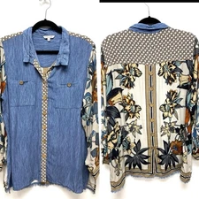 John Mark Womens Multicolor Floral Roll Tab Sleeve Pockets Tunic Button Up Top L