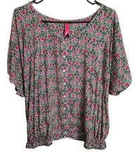 Pure Energy Floral Peasant Blouse 1X Pink Yellow Green Short Flutter Sleeve Top