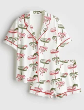 Women’s Christmas Please Retro Festive Cocktail Pajama Set, Holiday Short Sleeve