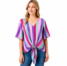 Bibi Womens Large Multicolor Stripe Tie Front Boho Tunic Flutter Sleeve