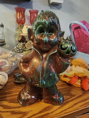 Vintage Dracula Raku Fired Ceramic Table Decoration, Lighted Eyes Glow Halloween