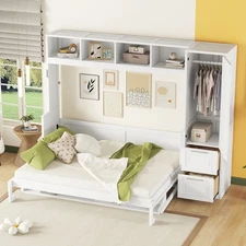 Queen Size Murphy Bed Wall Bed with Closet and Drawers Storage Shelves White