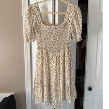 Mine Floral Smocked Mini Dress Cream Orange Rose Puff Sleeve Womens Large