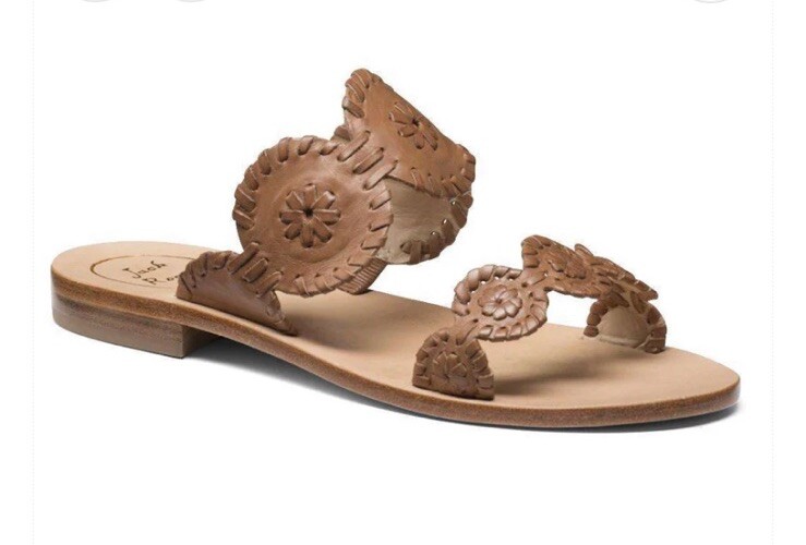 NEW Jack Rogers Lauren Cognac Brown Leather Slip On Slides Flats Sandals Size 5