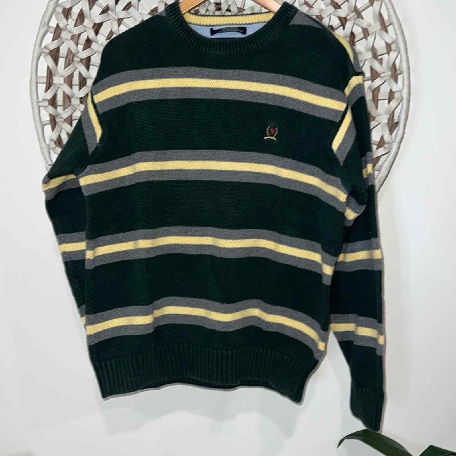 Tommy Hilfiger green and yellow vintage knit swea… - image 1