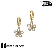 14k Yellow Gold Dangle Flower Hoop Huggie Earrings