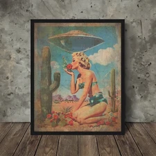 UFO ALIEN Botanical Cactus Wall Art, Sci-fi Pinup Girl Poster, Desert Rose Decor