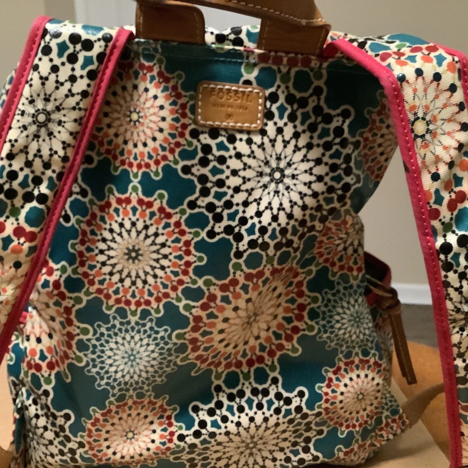 Mochila azteca floral de lona recubierta Fossil Keyper mango de cuero tamaño completo Y2K Foto 3 de 4
