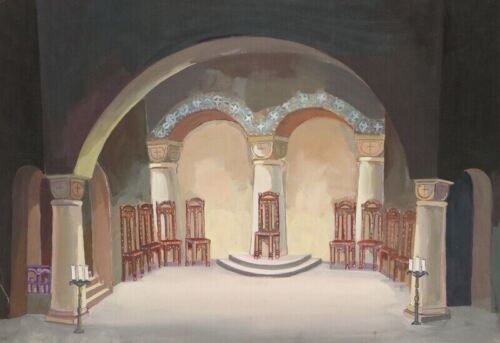 Peinture gouache vintage scène théâtre salle de réunion médiévale design d'intérieur - Photo 1/15