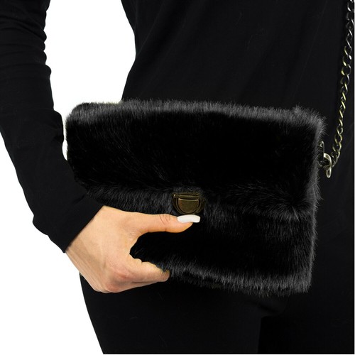 Ladies Faux Fur Over Shoulder Clutch Bag Removable Chain Strap - Picture 5 of 25