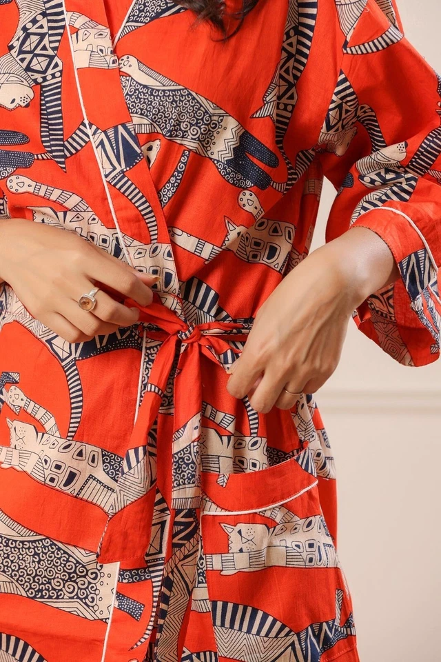 Индийский красный хлопок Cat напечатано кимоно халаты ночь макси платье кимоно халат США - Изображение 4 из 4