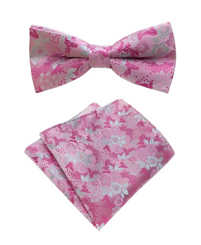 Mens Women Boys Pink White Floral Jacquard Silk Bow Tie Pocket Square Set For... - Picture 1 of 4