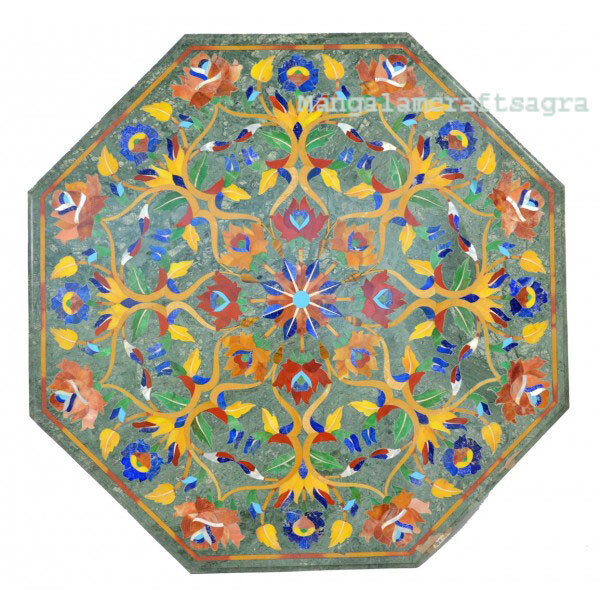 24-inch Green Marble Coffee Table with Pietra Dura Inlay Handcrafted Home Decor