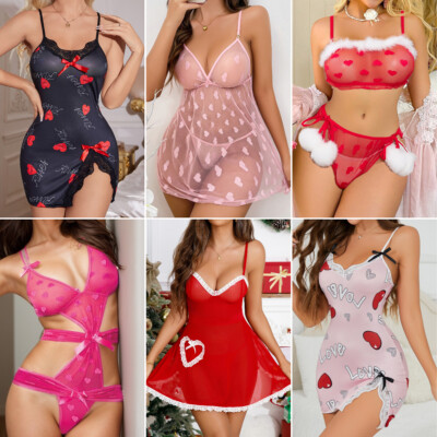 Valentine's Love Heart Women Sexy Lingerie Babydoll Sleepwear Lace Teddy Chemise