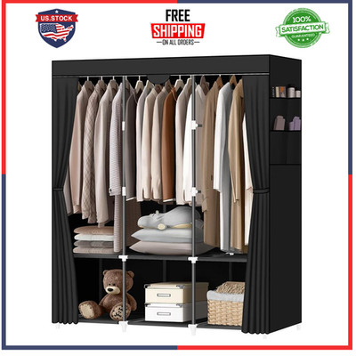 Portable Closet Wardrobe 3 Rods 6 Shelves Black Storage Clothes Rack Organizer