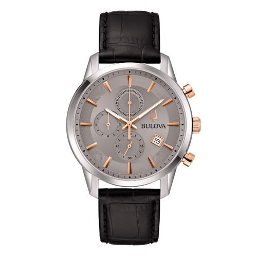 Bulova Watch Sutton Chronograph Gray Dial Leather Strap 41mm 98B409