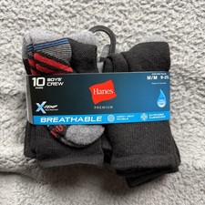Hanes Crew Socks Boys M Shoe Size 9-2.5 Black Breathable X-Temp Cushion 10 Pairs