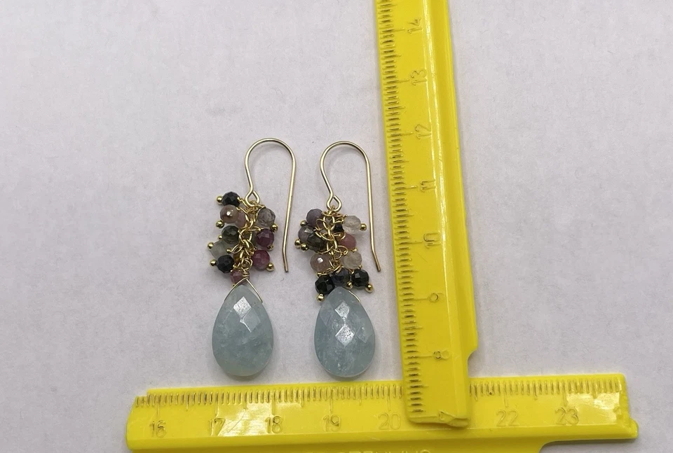 Aquamarine Tourmaline Earrings Natural Briolette 14K Gold Filled Handmade Drop - Image 4 of 4